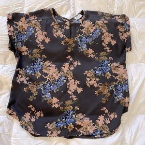 Plus size top. Muted black/charcoal with tan and blue print